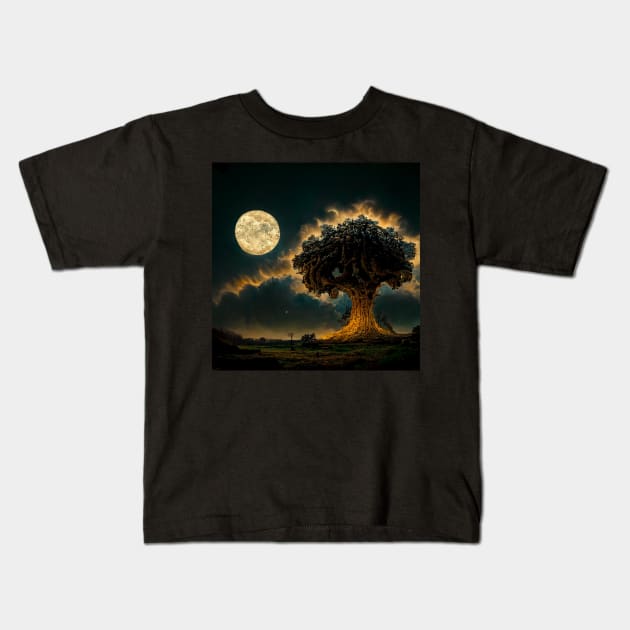 Large old oak tree at night surrounded by glowing magic mushrooms on the ground and a full moon in the sky with fractal clouds Kids T-Shirt by Riverside-Moon